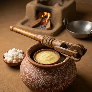 clay pot with food, wooden ladle