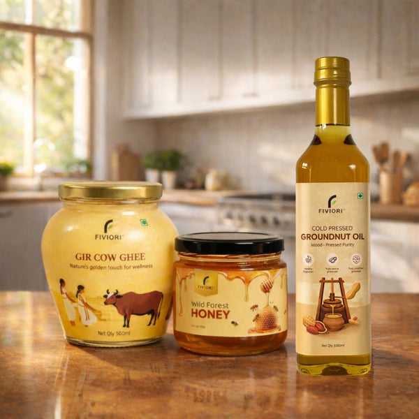 Daily Wellness Bundle – Cold pressed groundnut oil, A2 Gir cow ghee, Wild forest honey - Fiviori Farms