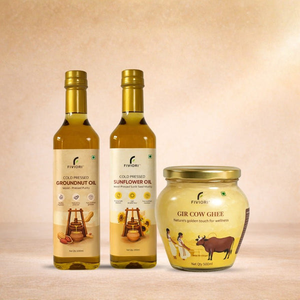Fiviori Healthy Cooking Combo — Cold - Pressed Groundnut & Sunflower Oil + A2 Gir Cow Ghee 500ml | Organic - Fiviori Farms
